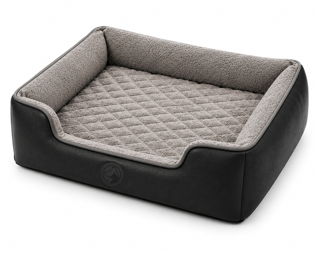 Grey Quilted Sofa-Style Dog Bed with Raised Sides and Soft Padded Interior