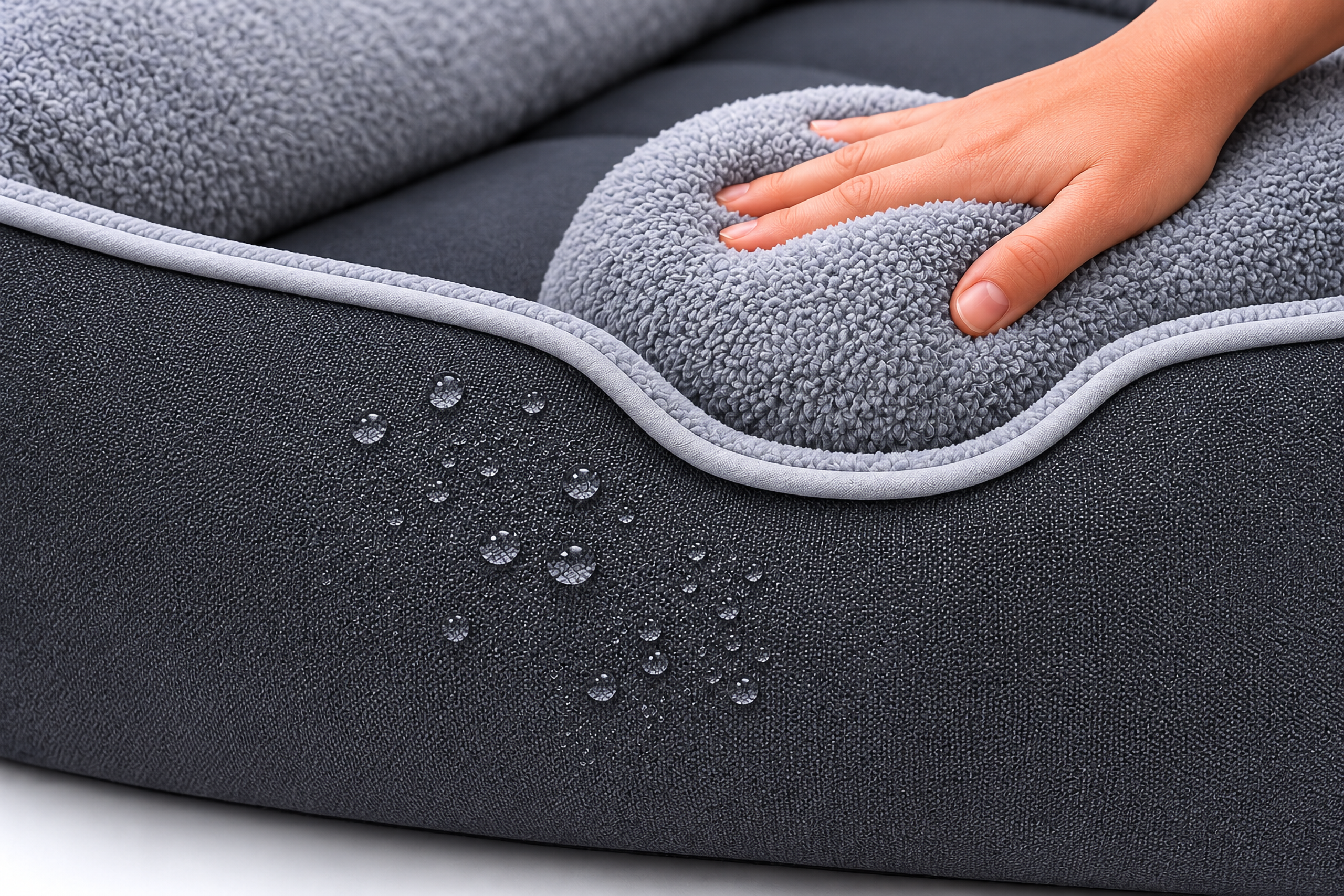Dark Blue Sofa-Style Dog Bed with Grey Interior and Raised Side Support
