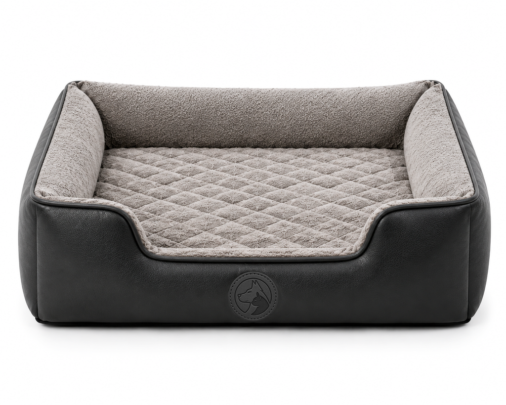 Grey Quilted Sofa-Style Dog Bed with Raised Sides and Soft Padded Interior
