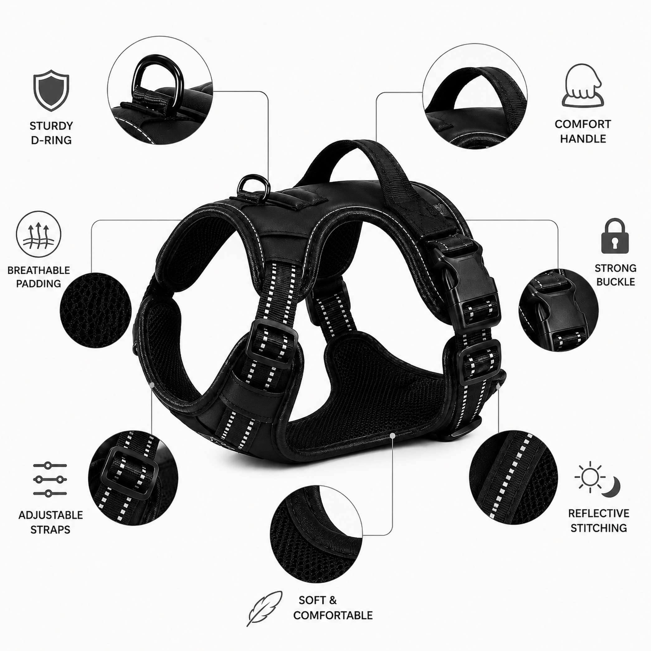 Black Adjustable Dog Harness Vest with Padded Mesh and Reflective Stripe Detail