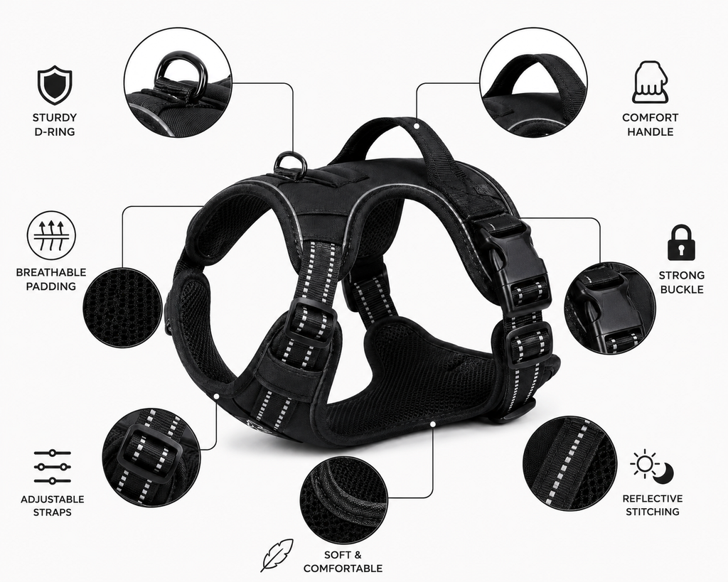 Black Adjustable Dog Harness Vest with Padded Mesh and Reflective Stripe Detail