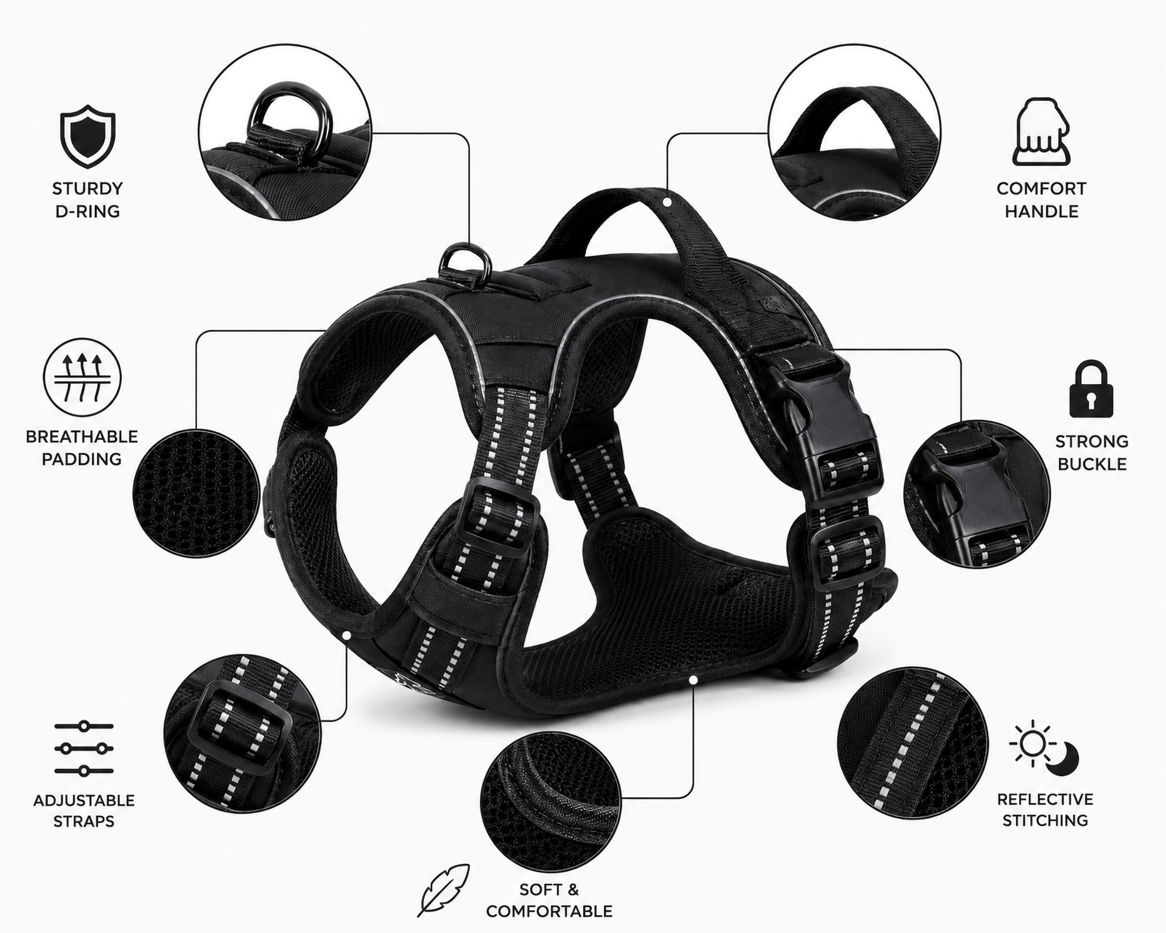 Black Adjustable Dog Harness Vest with Padded Mesh and Reflective Stripe Detail