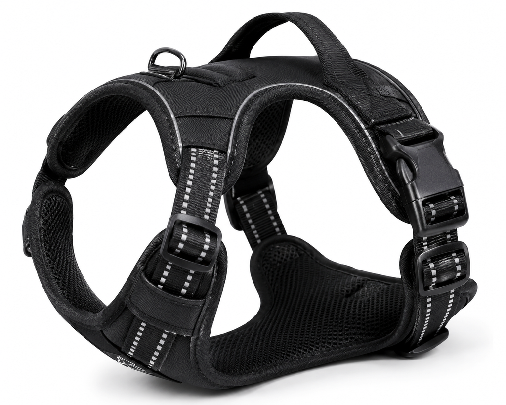 Black Adjustable Dog Harness Vest with Padded Mesh and Reflective Stripe Detail