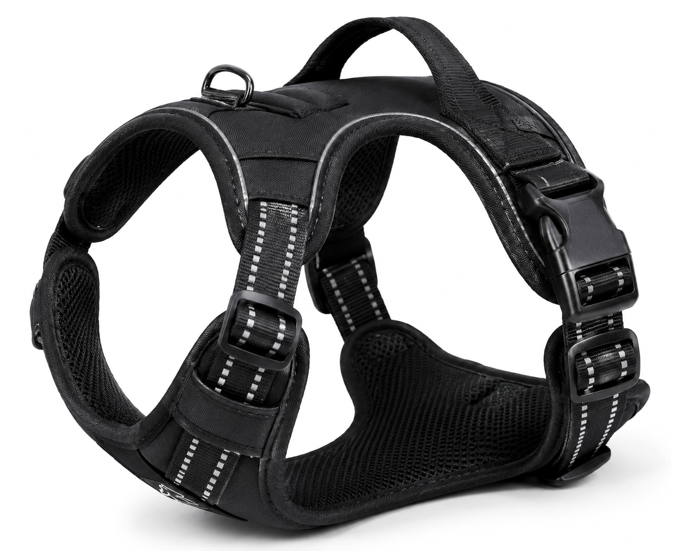 Black Adjustable Dog Harness Vest with Padded Mesh and Reflective Stripe Detail