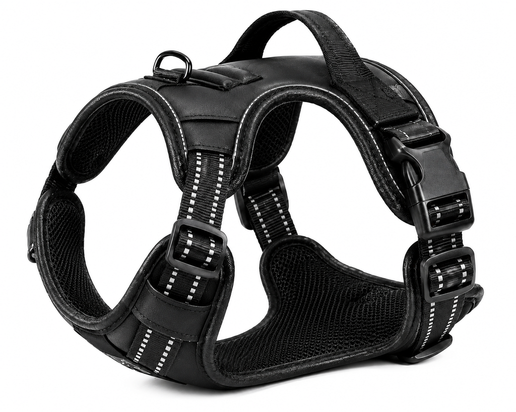 Black Adjustable Dog Harness Vest with Padded Mesh and Reflective Stripe Detail