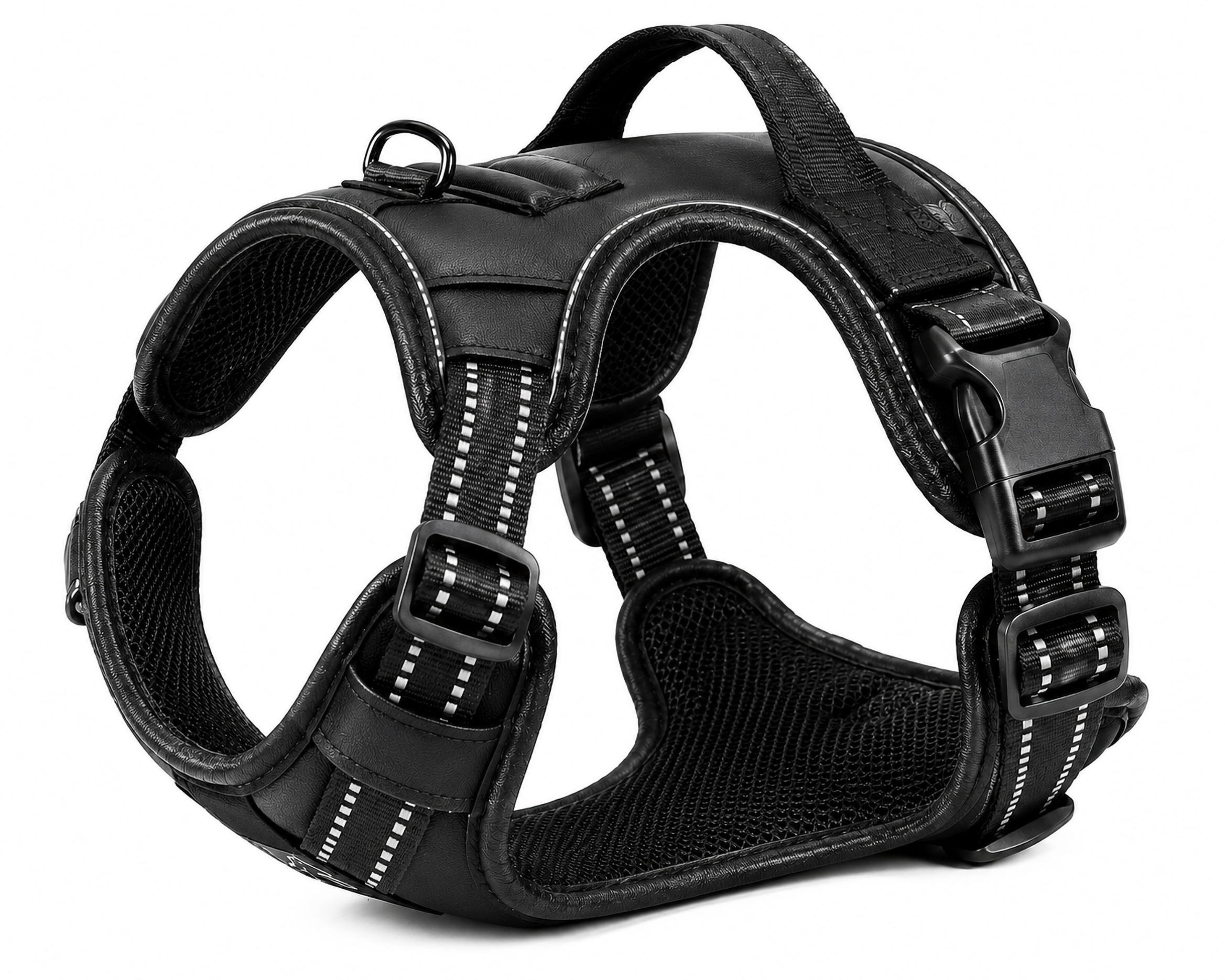 Black Adjustable Dog Harness Vest with Padded Mesh and Reflective Stripe Detail