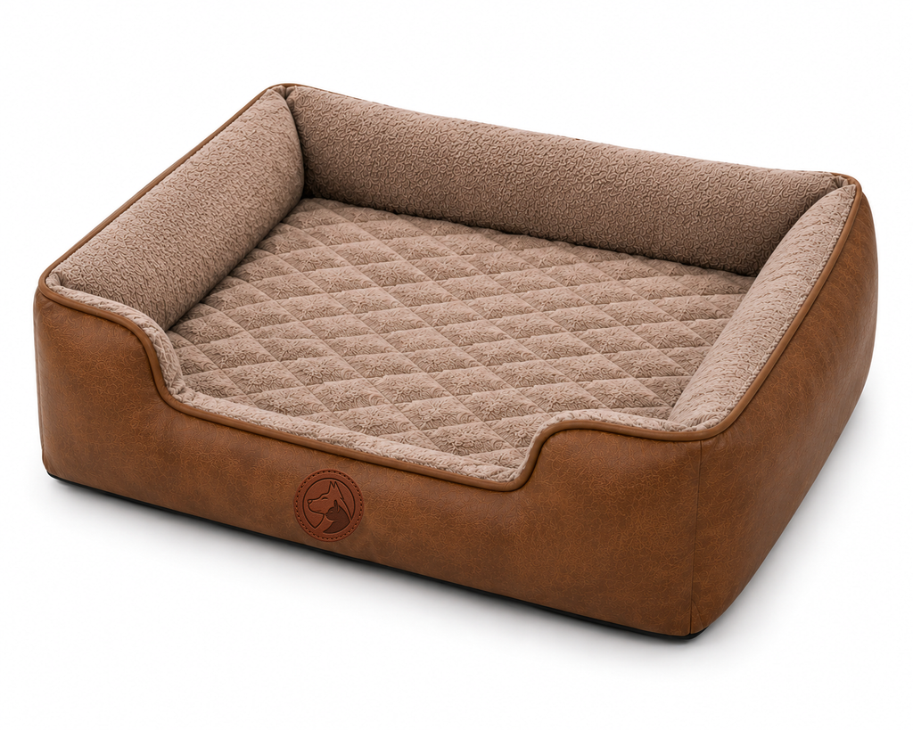 Brown Sofa-Style Dog Bed with Quilted Cushion and Raised Side Support