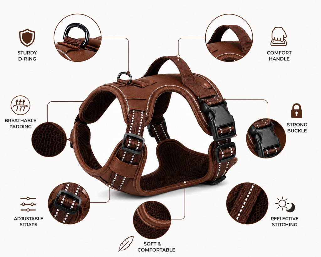 Brown Adjustable Dog Harness Vest with Padded Mesh and Reflective Stripe Detail