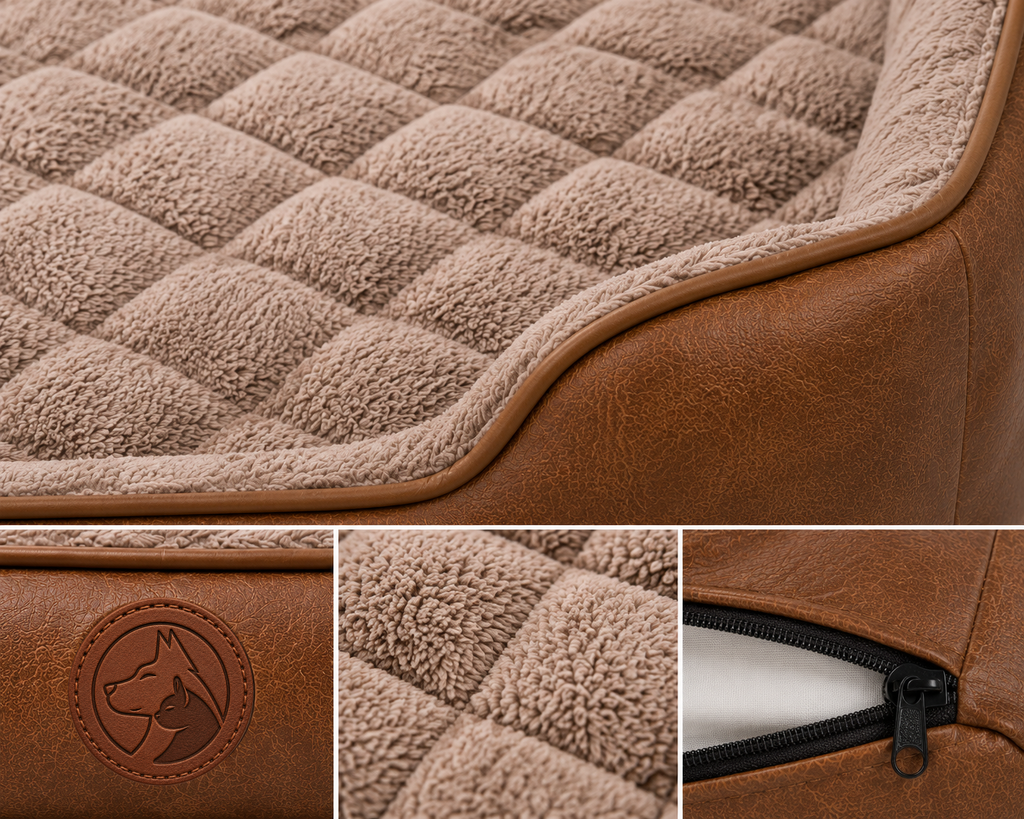 Brown Sofa-Style Dog Bed with Quilted Cushion and Raised Side Support