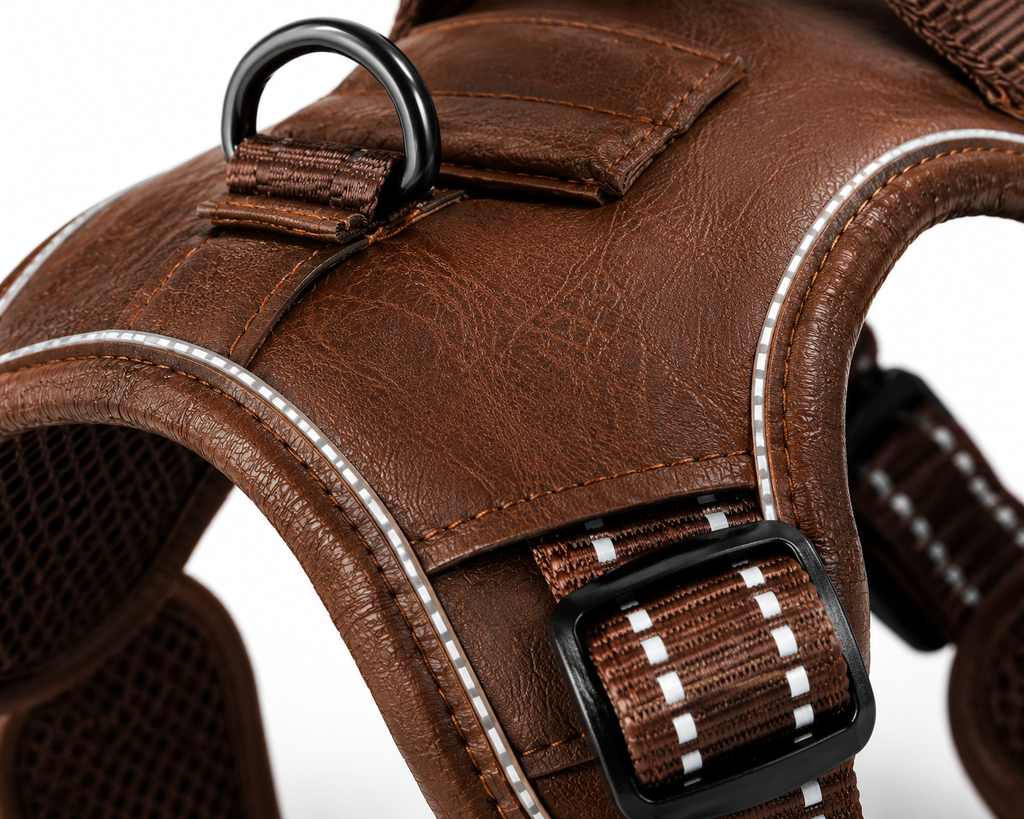 Brown Adjustable Dog Harness Vest with Padded Mesh and Reflective Stripe Detail