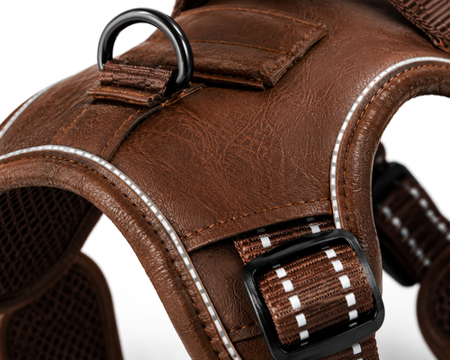 Brown Adjustable Dog Harness Vest with Padded Mesh and Reflective Stripe Detail