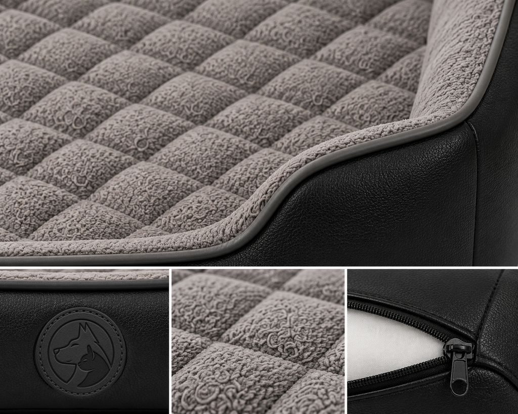 Grey Quilted Sofa-Style Dog Bed with Raised Sides and Soft Padded Interior