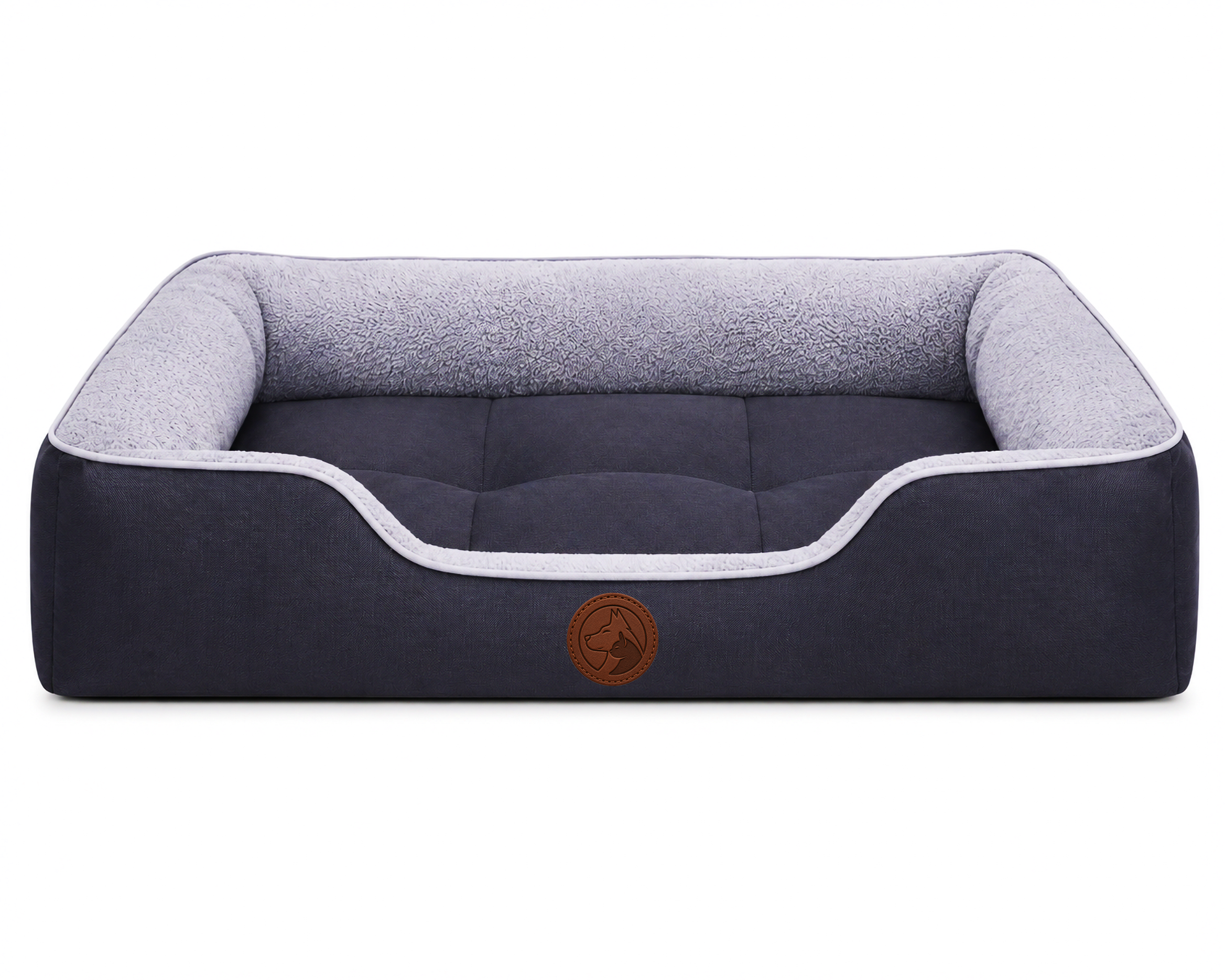 Dark Blue Sofa-Style Dog Bed with Grey Interior and Raised Side Support