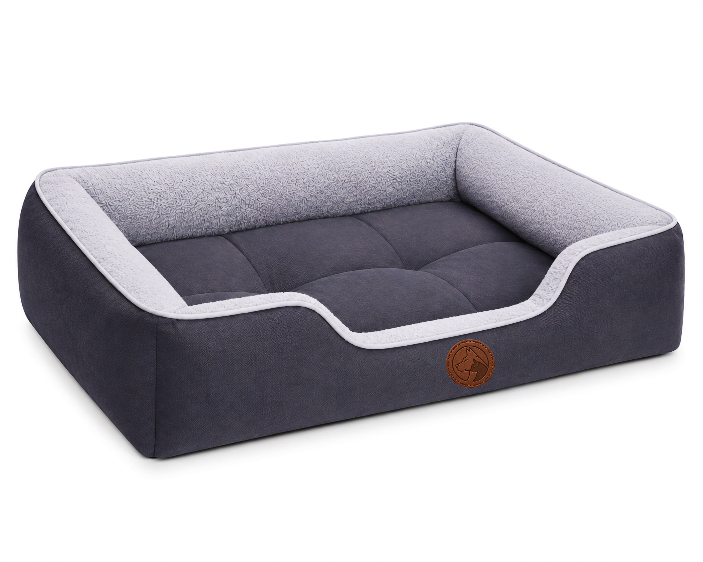 Dark Blue Sofa-Style Dog Bed with Grey Interior and Raised Side Support