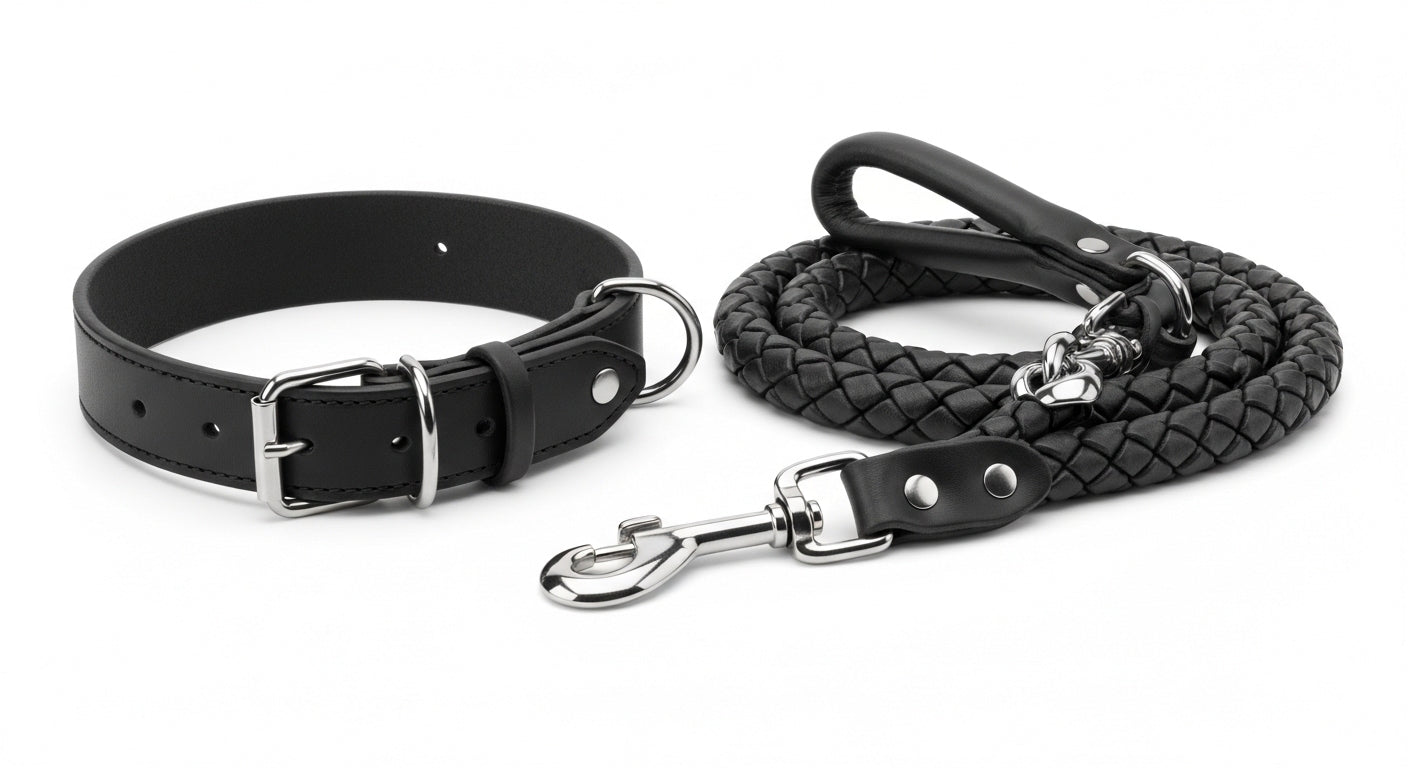 Braided Leather Dog Collar & Leash Set for Medium & Large Dogs