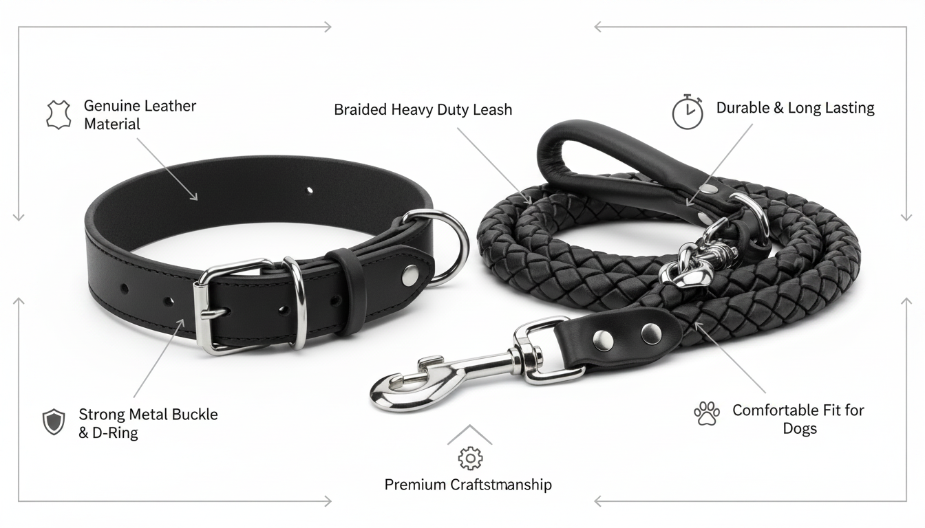 Braided Leather Dog Collar & Leash Set for Medium & Large Dogs