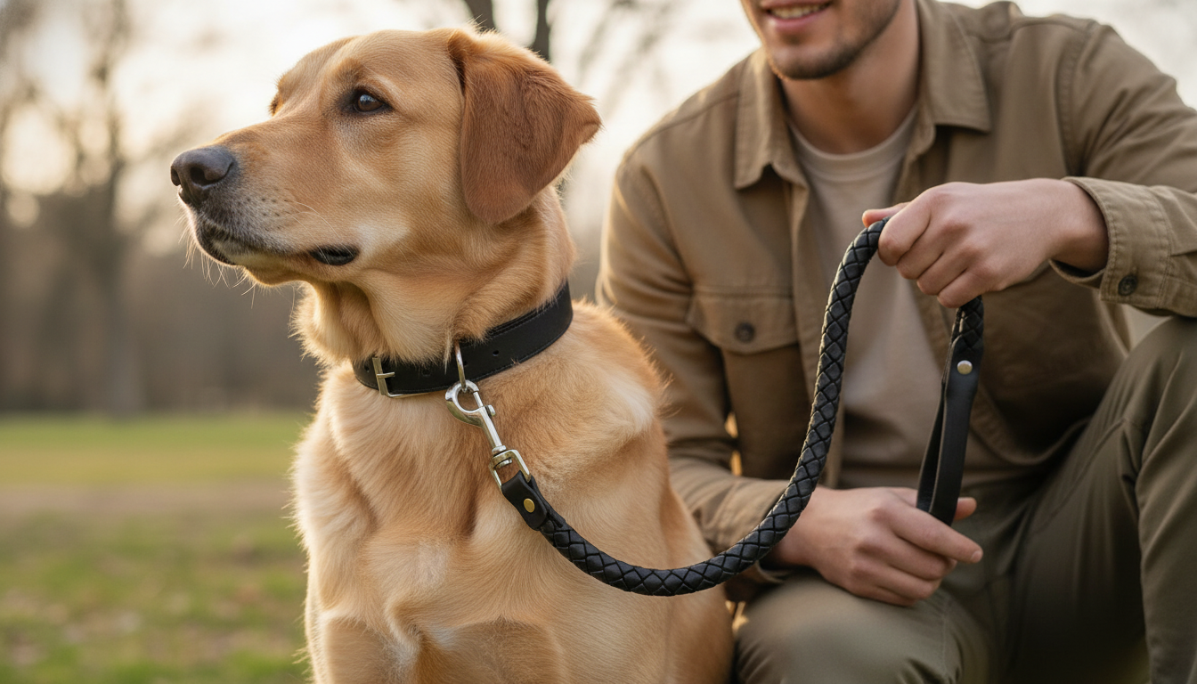 Braided Leather Dog Collar & Leash Set for Medium & Large Dogs