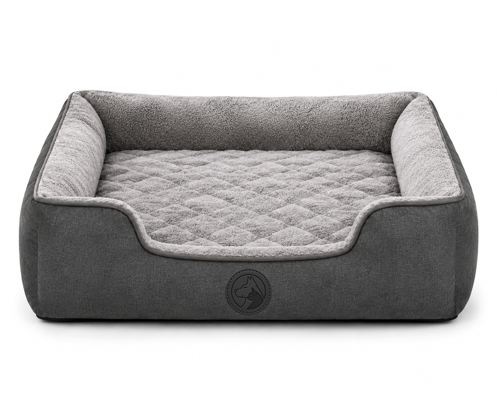 Grey Sofa-Style Dog Bed with Quilted Cushion and Raised Side Panels