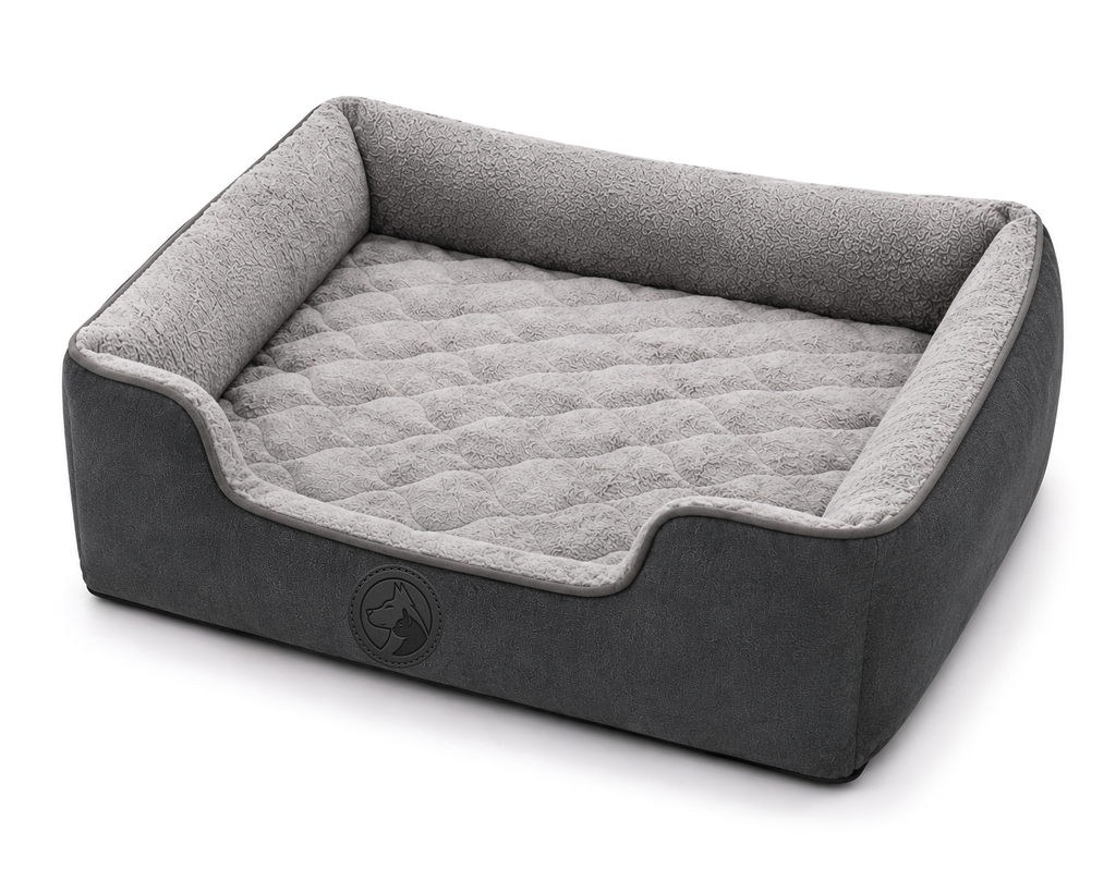 Grey Sofa-Style Dog Bed with Quilted Cushion and Raised Side Panels